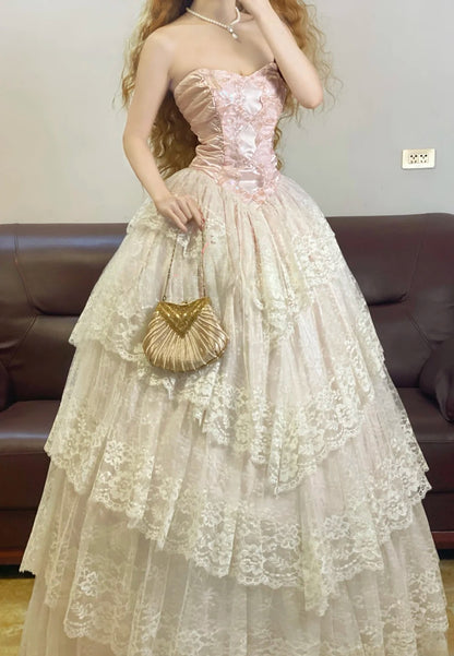 Prom Dress Elegant Ball Gown Pink Sweetheart Pink Lace Floor Length Formal Evening Gown for Women Graduation Party RB9329