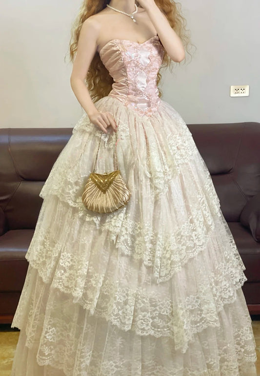 Prom Dress Elegant Ball Gown Pink Sweetheart Pink Lace Floor Length Formal Evening Gown for Women Graduation Party RB9329
