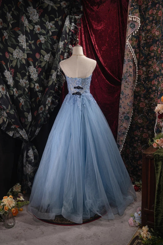 Cute Ball Gown Formal Events Sweetheart Blue Tulle With Appliqued Quince Dress Long Quinceanera Dresses Birthday Outfits RB8526