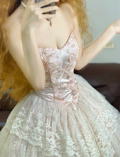 Prom Dress Elegant Ball Gown Pink Sweetheart Pink Lace Floor Length Formal Evening Gown for Women Graduation Party RB9329