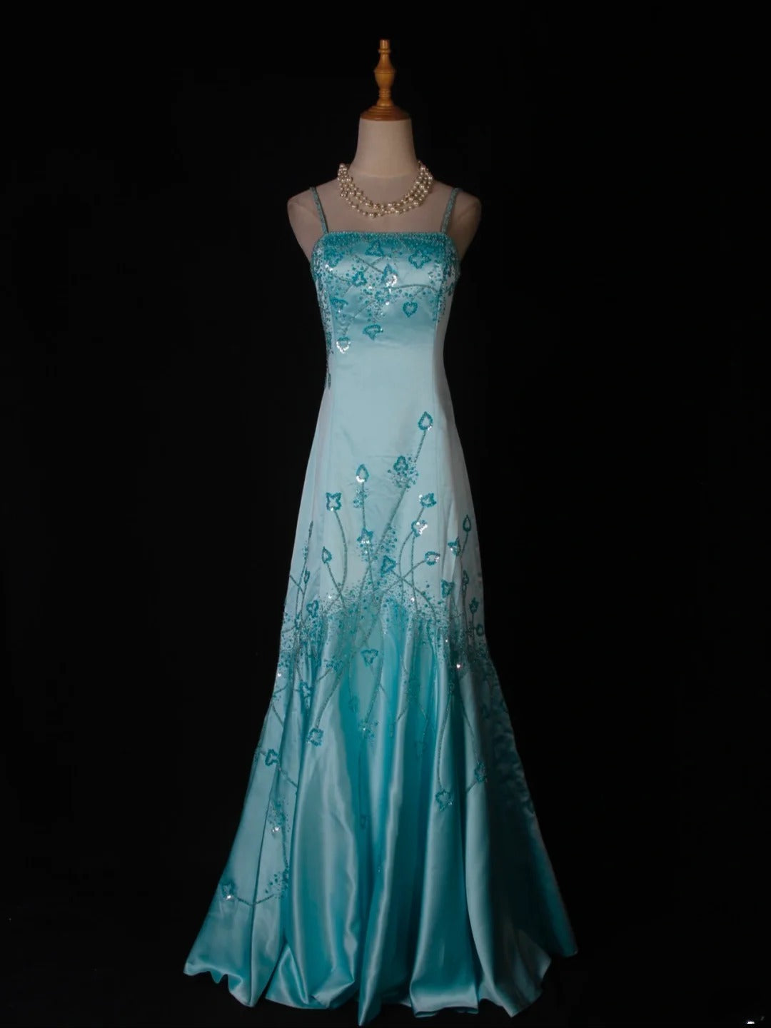 Vintage Meerjungfrauen-Abendkleid mit Spaghettiträgern, Satin mit Perlenbesatz, tiffanyblau, langes Ballkleid, beeindruckendes Outfit zum 18. Geburtstag, Ballkleid AS279