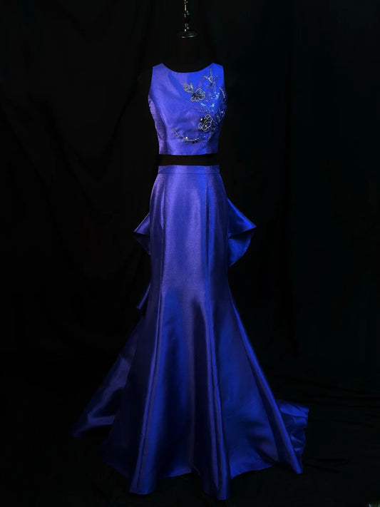 Modest Prom Dresses Mermaid 2 Pieces Royal Blue With Beading Open Backs Long Night Evening Formal Outfits RB6121