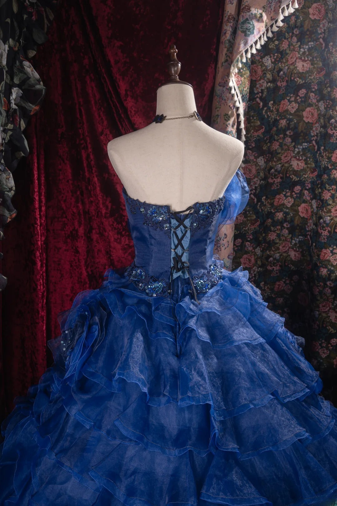 Cute Ball Gown Formal Events Strapless Royal Blue Organza With Tiered 3D Flowers Quince Dress Quinceanera Dresses Birthday Outfits RB8527