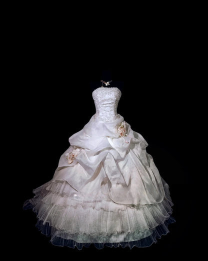 Vintage 80s Wedding Dress Ball Gown Strapless Ivory Lace With Tiered Bridal Gown for Big Day RC0070