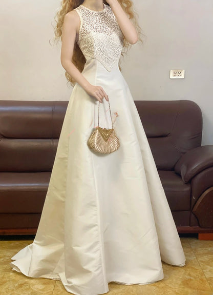Prom Dress Elegant A Line Scoop White Lace Floor Length Formal Evening Gown for Women Graduation Party RB9330