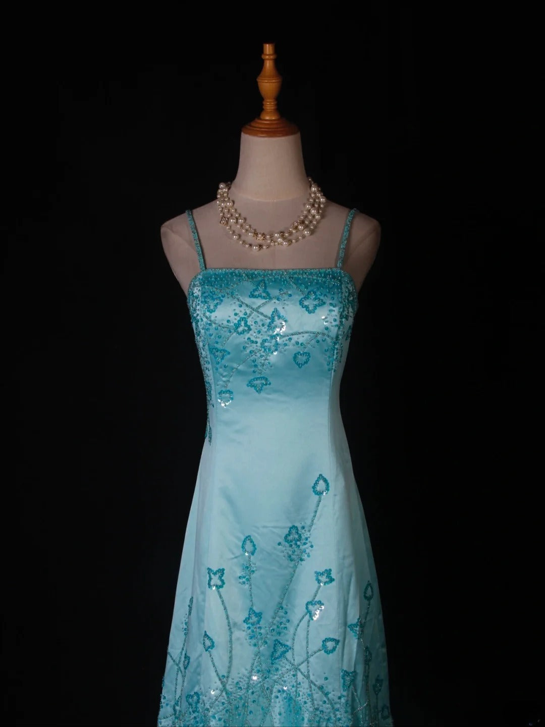 Vintage Meerjungfrauen-Abendkleid mit Spaghettiträgern, Satin mit Perlenbesatz, tiffanyblau, langes Ballkleid, beeindruckendes Outfit zum 18. Geburtstag, Ballkleid AS279