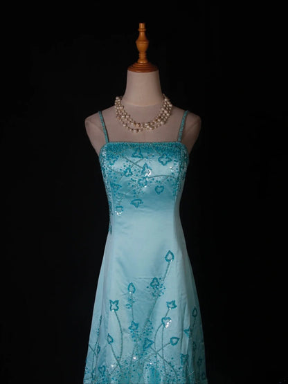 Vintage Meerjungfrauen-Abendkleid mit Spaghettiträgern, Satin mit Perlenbesatz, tiffanyblau, langes Ballkleid, beeindruckendes Outfit zum 18. Geburtstag, Ballkleid AS279