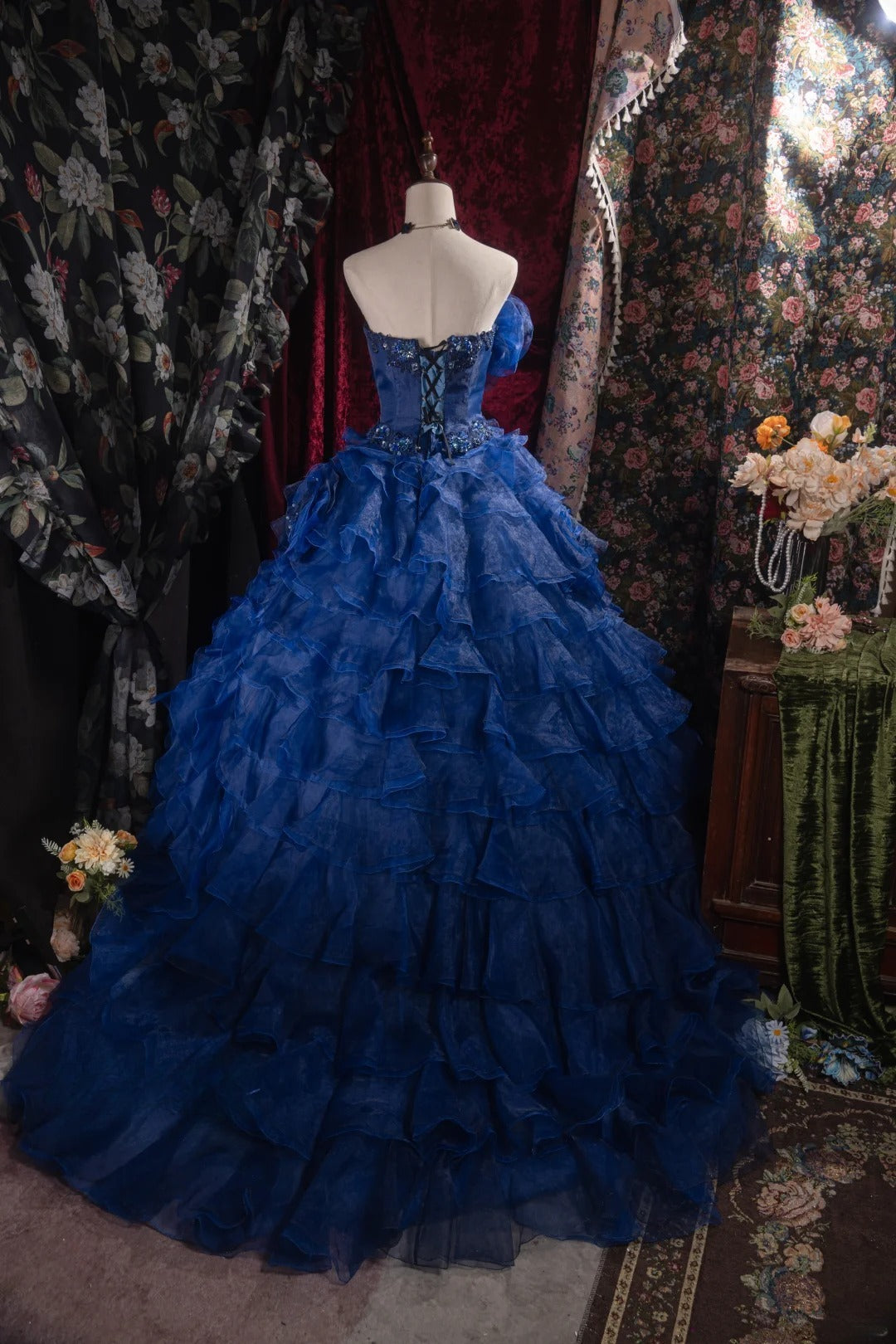 Cute Ball Gown Formal Events Strapless Royal Blue Organza With Tiered 3D Flowers Quince Dress Quinceanera Dresses Birthday Outfits RB8527