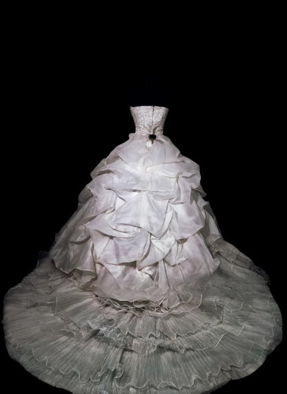 Vintage 80s Wedding Dress Ball Gown Strapless Ivory Lace With Tiered Bridal Gown for Big Day RC0070