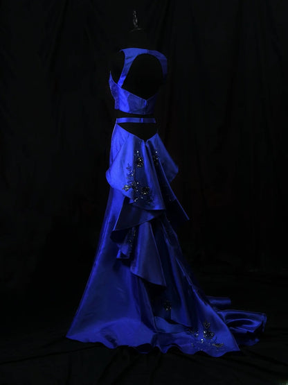 Modest Prom Dresses Mermaid 2 Pieces Royal Blue With Beading Open Backs Long Night Evening Formal Outfits RB6121