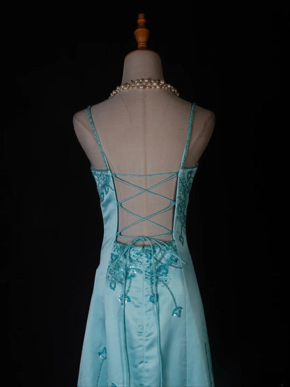 Vintage Meerjungfrauen-Abendkleid mit Spaghettiträgern, Satin mit Perlenbesatz, tiffanyblau, langes Ballkleid, beeindruckendes Outfit zum 18. Geburtstag, Ballkleid AS279
