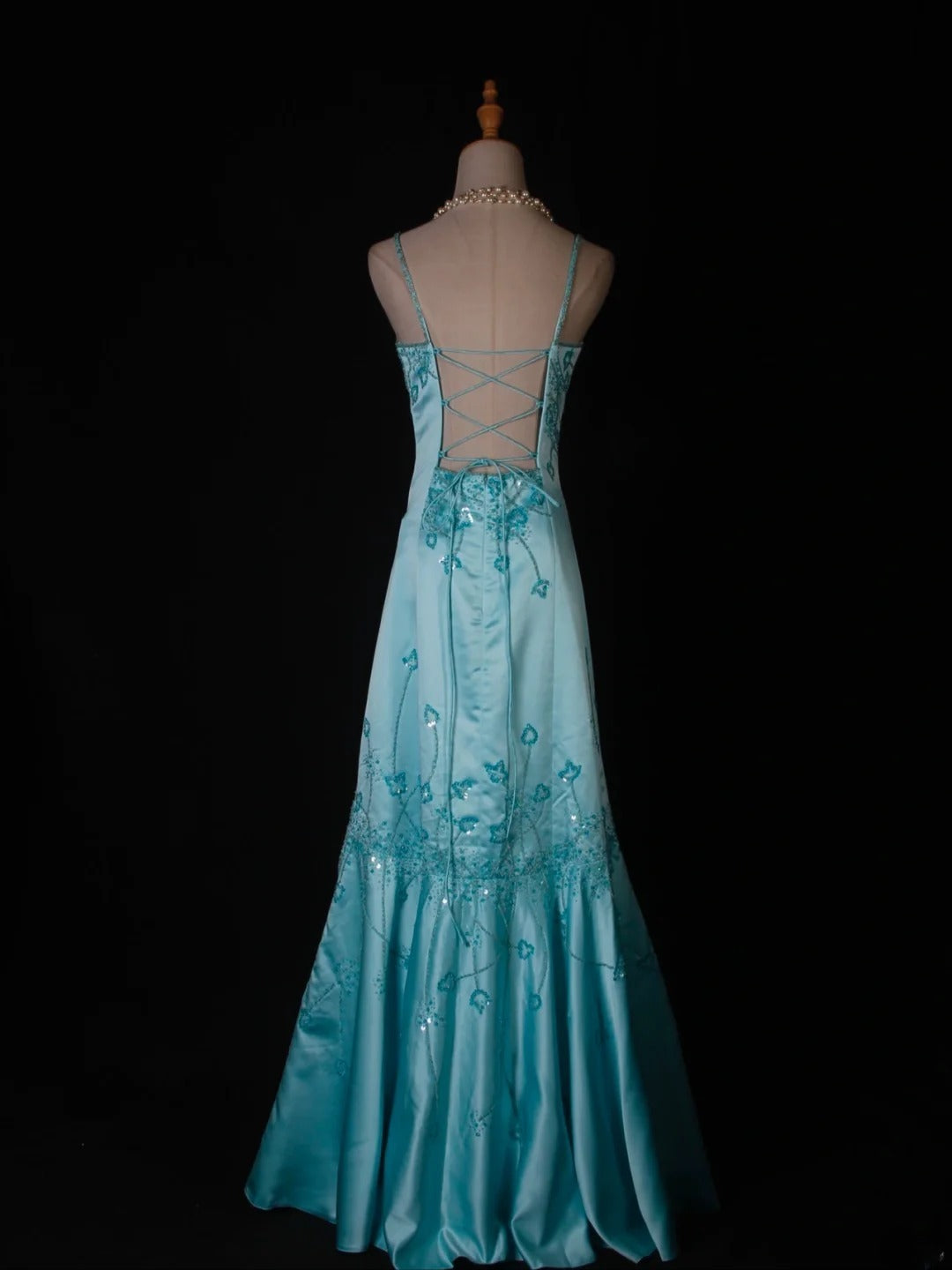 Vintage Meerjungfrauen-Abendkleid mit Spaghettiträgern, Satin mit Perlenbesatz, tiffanyblau, langes Ballkleid, beeindruckendes Outfit zum 18. Geburtstag, Ballkleid AS279