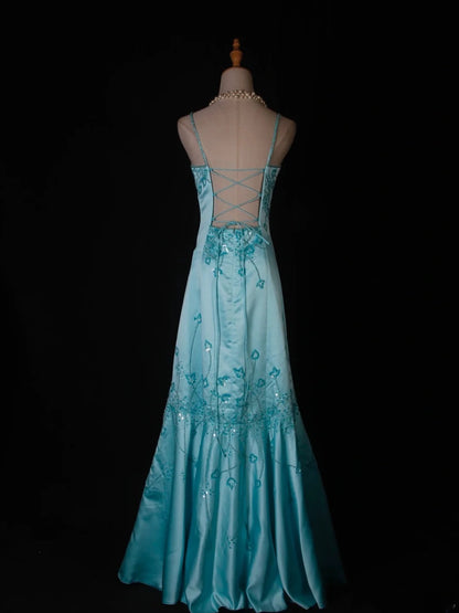 Vintage Meerjungfrauen-Abendkleid mit Spaghettiträgern, Satin mit Perlenbesatz, tiffanyblau, langes Ballkleid, beeindruckendes Outfit zum 18. Geburtstag, Ballkleid AS279