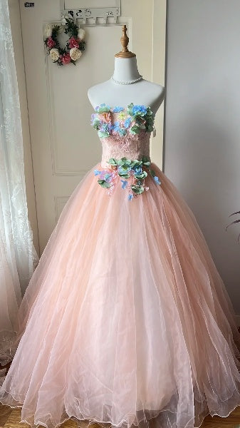 Sweet 15 Quinceanera Dress Ball Gown Strapless Pink With Appliques Long 16th Birthday Outfits RC0617