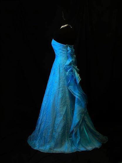 Modest Prom Dresses Ball Gown Strapless Blue With Ruffled Long Night Evening Formal Outfits RB6122