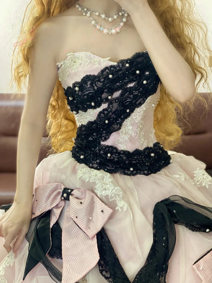 Strapless Tulle Sweet 16 Dress Pink Black Ball Gown Sweet Sixteen Formal Party Gown RB9331