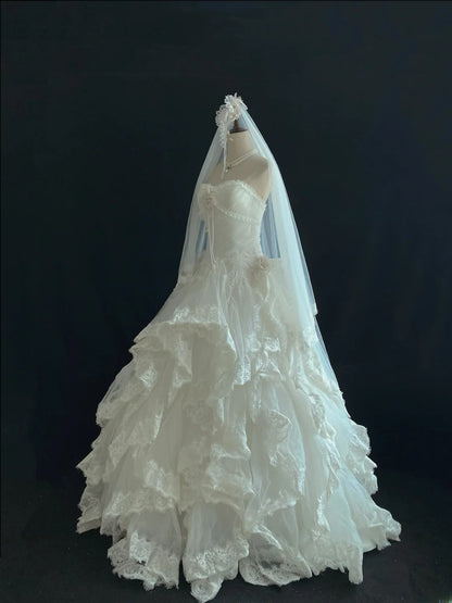 Vintage 80s Ball Gown Sweetheart White Tulle With Appliqued Lace Tiered Brides Gown Bridal Dress Wedding Dresses RB7730