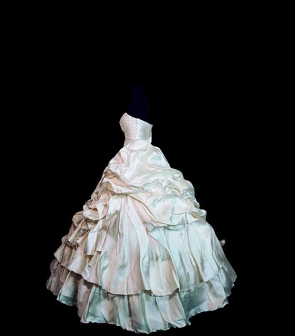 Vintage 80s Wedding Dress Ball Gown Strapless Ivory Satin With Tiered Bridal Gown for Big Day RC0071