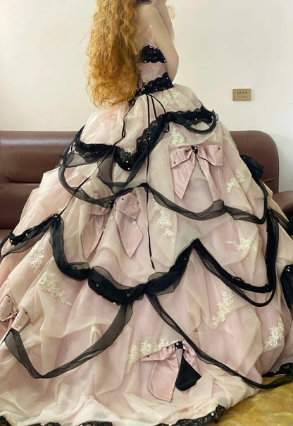 Strapless Tulle Sweet 16 Dress Pink Black Ball Gown Sweet Sixteen Formal Party Gown RB9331