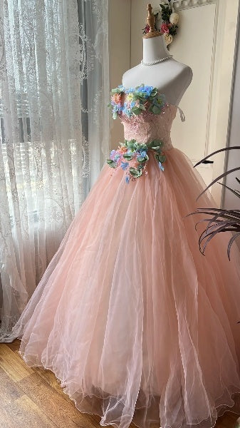 Sweet 15 Quinceanera Dress Ball Gown Strapless Pink With Appliques Long 16th Birthday Outfits RC0617