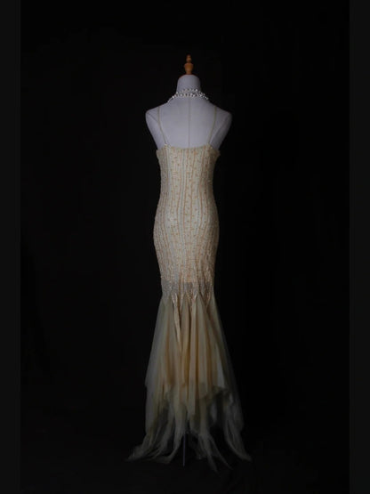 Vintage Meerjungfrauen-Abendkleid mit Spaghettiträgern, gelbem Tüll und Perlenbesatz, langes Kleid, beeindruckendes Outfit zum 20. Geburtstag, Ballkleid AS280