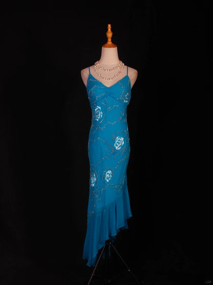 Vintage Meerjungfrauen-Abendkleid mit Spaghettiträgern, unregelmäßigem Schnitt, Perlenstickerei am Oberteil und Chiffon-Oberteil – ein beeindruckendes Outfit für den 20. Geburtstag, formelles Abendkleid AS281
