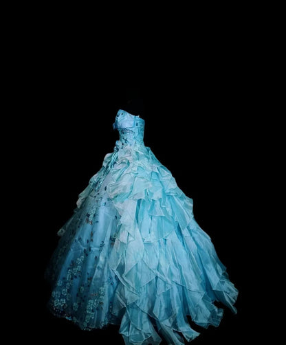 Gothic Halter Sweet 16 Ball Gown,Blue Appliques Tulle Long Sweet Sixteen Formal Dress RB9996