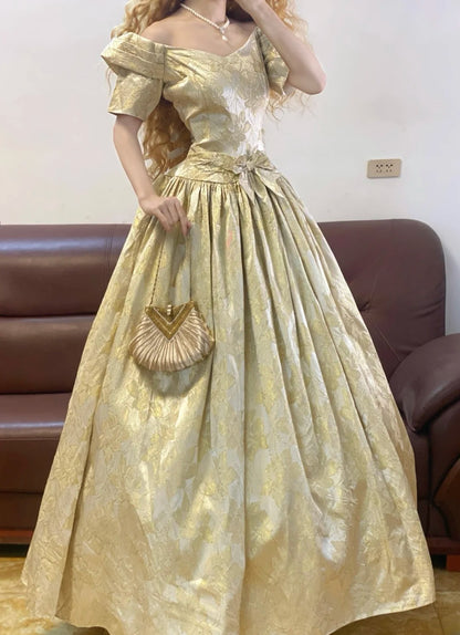 Prom Dress Elegant Ball Gown Off The Shoulder Gold Lace Floor Length Formal Evening Gown for Women Graduation Party RB9332