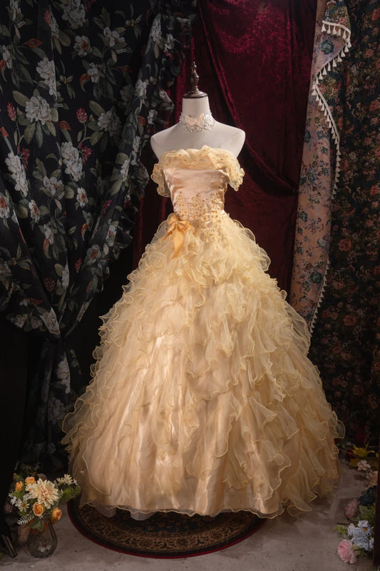 Cute Ball Gown Formal Events Strapless Yellow Tulle With Tiered Quince Dress Long Quinceanera Dresses Birthday Outfits RB8528