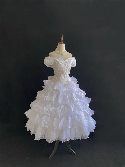 Vintage 80s Ball Gown Off The Shoulder White Tulle With Lace Tea Length Tiered Brides Gown Bridal Dress Wedding Dresses RB7731