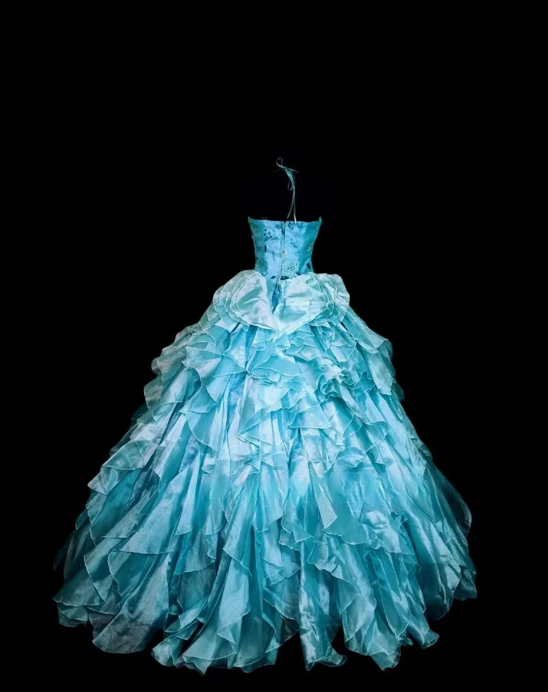 Gothic Halter Sweet 16 Ball Gown,Blue Appliques Tulle Long Sweet Sixteen Formal Dress RB9996
