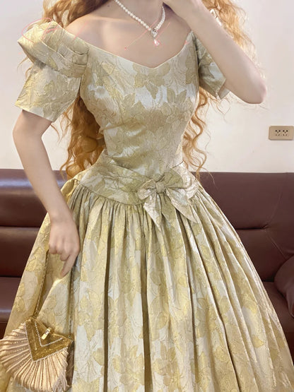 Prom Dress Elegant Ball Gown Off The Shoulder Gold Lace Floor Length Formal Evening Gown for Women Graduation Party RB9332