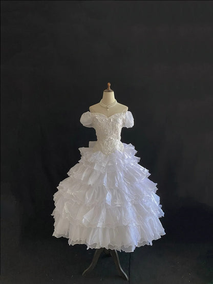 Vintage 80s Ball Gown Off The Shoulder White Tulle With Lace Tea Length Tiered Brides Gown Bridal Dress Wedding Dresses RB7731