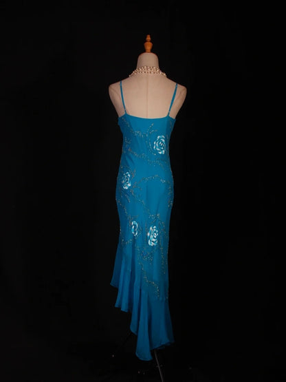 Vintage Meerjungfrauen-Abendkleid mit Spaghettiträgern, unregelmäßigem Schnitt, Perlenstickerei am Oberteil und Chiffon-Oberteil – ein beeindruckendes Outfit für den 20. Geburtstag, formelles Abendkleid AS281