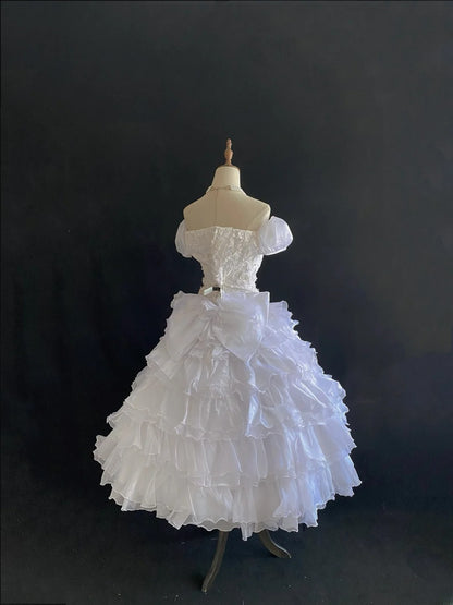 Vintage 80s Ball Gown Off The Shoulder White Tulle With Lace Tea Length Tiered Brides Gown Bridal Dress Wedding Dresses RB7731