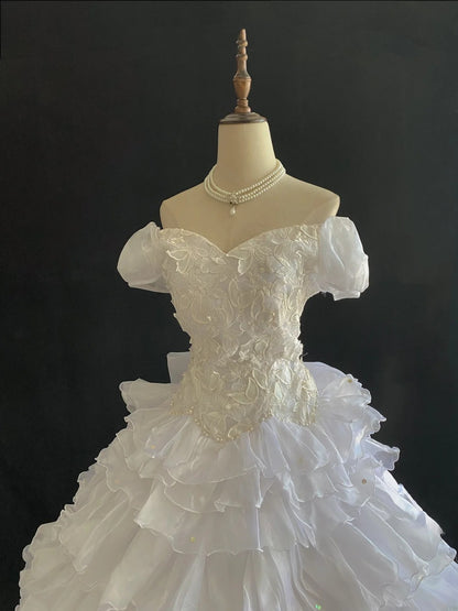 Vintage 80s Ball Gown Off The Shoulder White Tulle With Lace Tea Length Tiered Brides Gown Bridal Dress Wedding Dresses RB7731