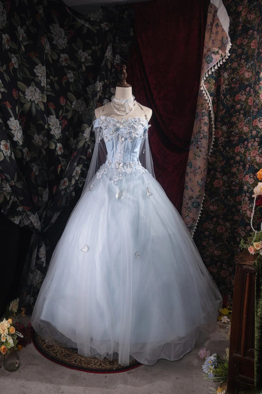 Regal Ball Gown Formal Events Strapless Light Blue Tulle With Butterfly Lace Quince Dress Long Quinceanera Dresses Birthday Outfits RB8529