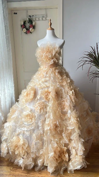 Sweet 15 Quinceanera Dress Ball Gown Strapless Gold With Flowers Long 16th Birthday Outfits RC0619