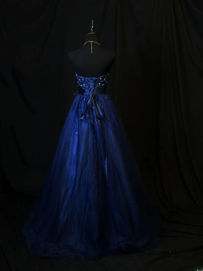 Modest Prom Dresses Ball Gown Sweetheart Royal Blue With Silver Beading Long Night Evening Formal Outfits RB6123