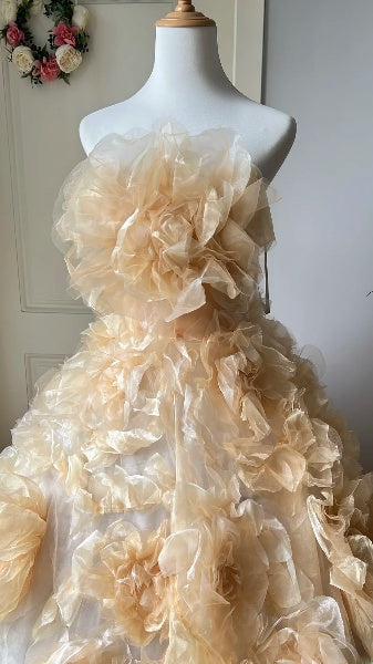 Sweet 15 Quinceanera Dress Ball Gown Strapless Gold With Flowers Long 16th Birthday Outfits RC0619