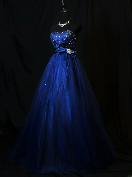 Modest Prom Dresses Ball Gown Sweetheart Royal Blue With Silver Beading Long Night Evening Formal Outfits RB6123