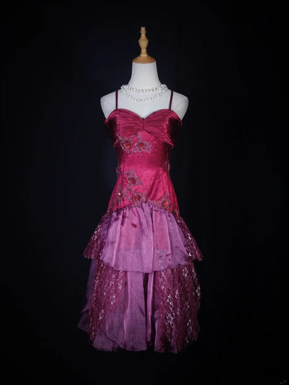 Retro Mermaid Spaghetti Straps Hot Pink Satin Tea Length 16th Birthday Dress Homecoming Dresses Cocktail Gown AS283