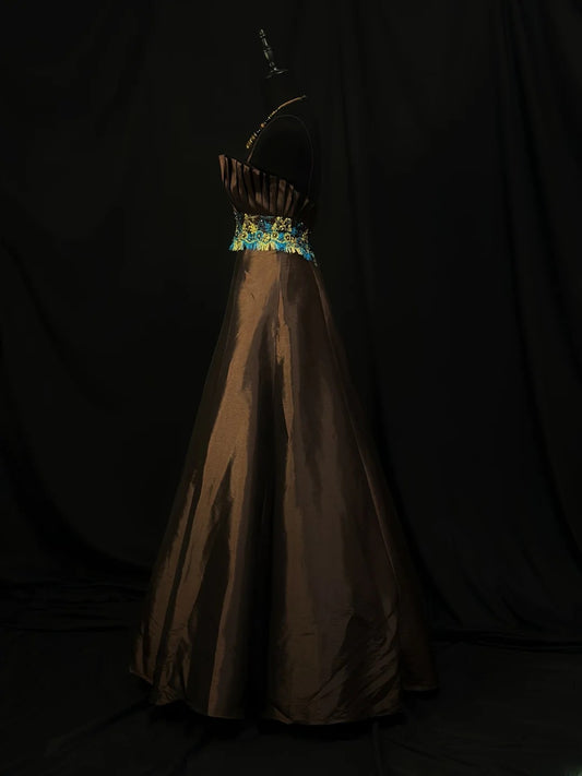 Modest Prom Dresses Ball Gown Spaghetti Strap Chocolate Taffeta With Beading Long Night Evening Formal Outfits RB6124