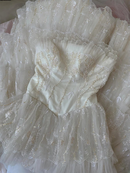 Vintage 80s Ball Gown Strapless White Lace Floor Length With Layers Tiered Brides Gown Bridal Dress Wedding Dresses RB7733