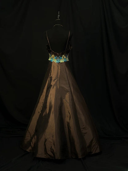 Modest Prom Dresses Ball Gown Spaghetti Strap Chocolate Taffeta With Beading Long Night Evening Formal Outfits RB6124