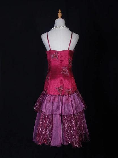 Retro Mermaid Spaghetti Straps Hot Pink Satin Tea Length 16th Birthday Dress Homecoming Dresses Cocktail Gown AS283
