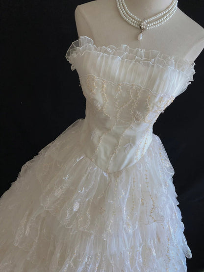 Vintage 80s Ball Gown Strapless White Lace Floor Length With Layers Tiered Brides Gown Bridal Dress Wedding Dresses RB7733