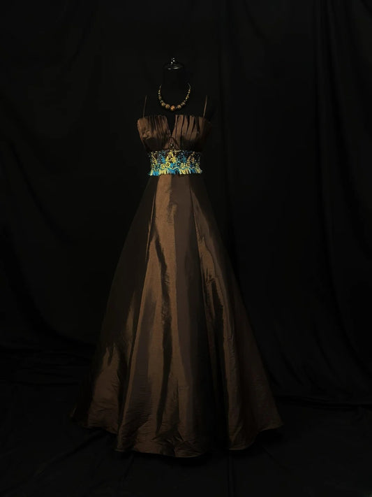 Modest Prom Dresses Ball Gown Spaghetti Strap Chocolate Taffeta With Beading Long Night Evening Formal Outfits RB6124