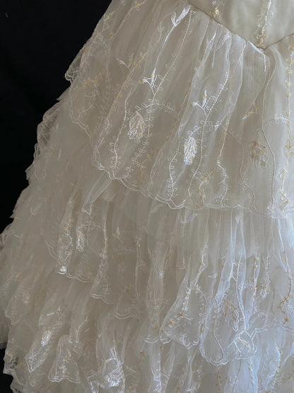 Vintage 80s Ball Gown Strapless White Lace Floor Length With Layers Tiered Brides Gown Bridal Dress Wedding Dresses RB7733