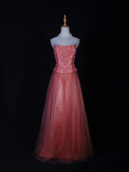 Robe de bal longue vintage en tulle rose, bustier sans bretelles, ornée de perles, coupe trapèze. Idéale pour un 20e anniversaire. Robe de soirée AS284